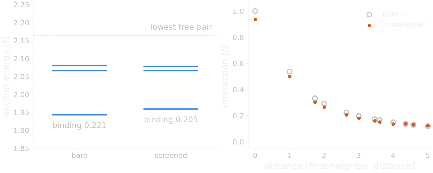 Left: exciton levels with the bare and with the screened interaction. Right: bare and screened interaction between opposite spins against distance.